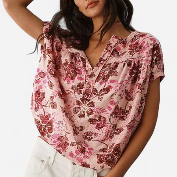 Pilcro (Anthropologie) Pink Floral Ruched Henley Tee – Large Petite - Picture 2 of 6